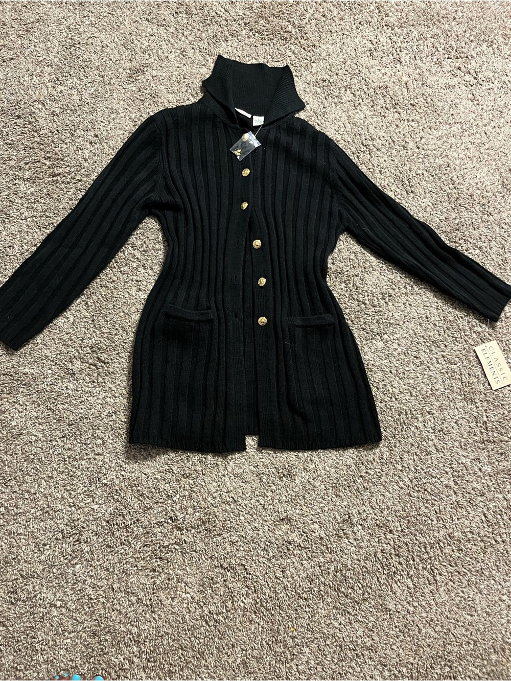 Black Ribbed Button-Front Women's Sweater Jacket